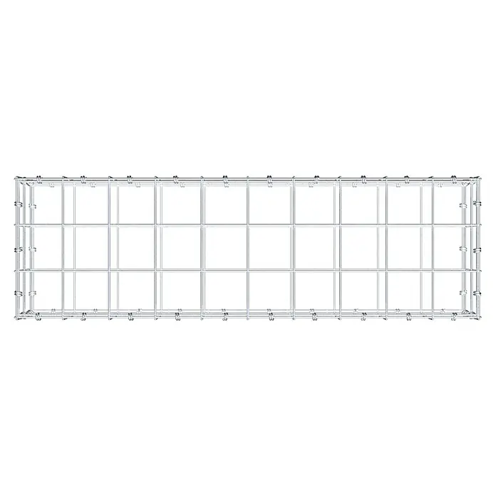 Gabiona Gabione - 100 x 30 x 20 cm, Maschenbreite: 10 cm, Maschenhöhe: 10 cm - Draufsicht eines rechteckigen Drahtkorbs aus Metall mit mehreren Fächern und stabilen Verbindungen für Lagerung und Organisation.