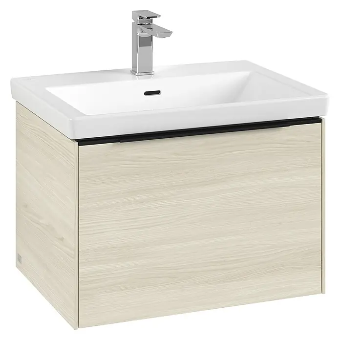Villeroy & Boch Subway 3.0 Waschbeckenunterschrank - White Oak, Anzahl Schubladen: 1 Stk., Farbe Griff: Volcano Black, B x T x H: 62,2 x 47,8 x 42,9 cm, Mit Beleuchtung - Waschbeckenunterschrank mit Holzoptik und einem modernen, chromfarbenen Wasserhahn für ein stilvolles Badezimmerdesign.