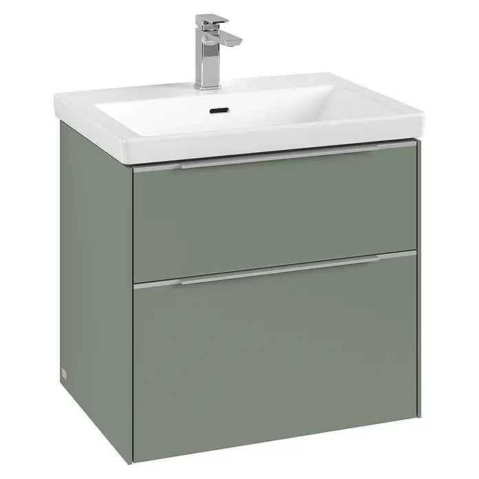 Villeroy & Boch Subway 3.0 Waschbeckenunterschrank - Soft Green, Anzahl Schubladen: 2 Stk., Farbe Griff: Aluminium glänzend, 62,2 x 47,8 x 57,6 cm - Modernes Waschbecken mit Unterschrank in Grün für ein stilvolles Badezimmer.