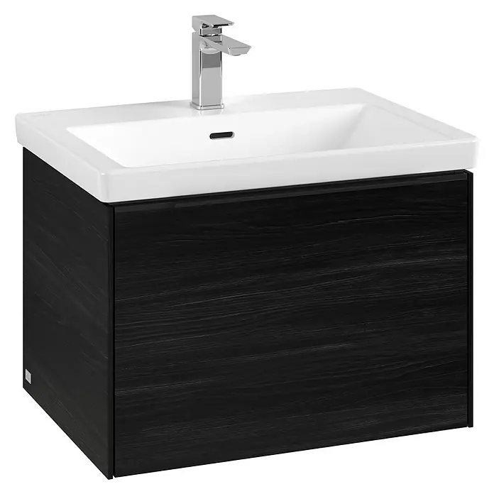 Villeroy & Boch Subway 3.0 Waschbeckenunterschrank - Black Oak, Anzahl Schubladen: 1 Stk., Farbe Griff: Volcano Black, B x T x H: 62,2 x 47,8 x 42,9 cm, Mit Beleuchtung - Elegantes Waschbecken mit Unterschrank in dunklem Holzdekor, das moderne Design und Funktionalität im Badezimmer vereint.