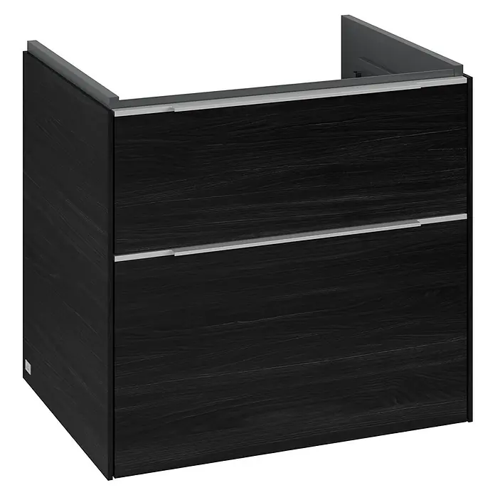 Villeroy & Boch Subway 3.0 Waschbeckenunterschrank - Black Oak, Anzahl Schubladen: 2 Stk., Farbe Griff: Aluminium glänzend, 62,2 x 47,8 x 57,6 cm - Ein dunkler Badezimmerschrank mit zwei Schubladen und silbernen Griffen, der modernen Stil und Funktionalität vereint.