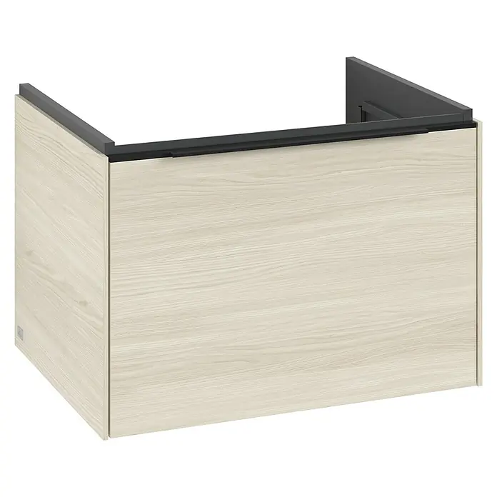 Villeroy & Boch Subway 3.0 Waschbeckenunterschrank - White Oak, Anzahl Schubladen: 1 Stk., Farbe Griff: Volcano Black, B x T x H: 62,2 x 47,8 x 42,9 cm, Mit Beleuchtung - Ein moderner, heller Holzunterschrank mit dunklen Griffen für Badezimmer oder Küche, der Funktionalität und stilvolles Design vereint.