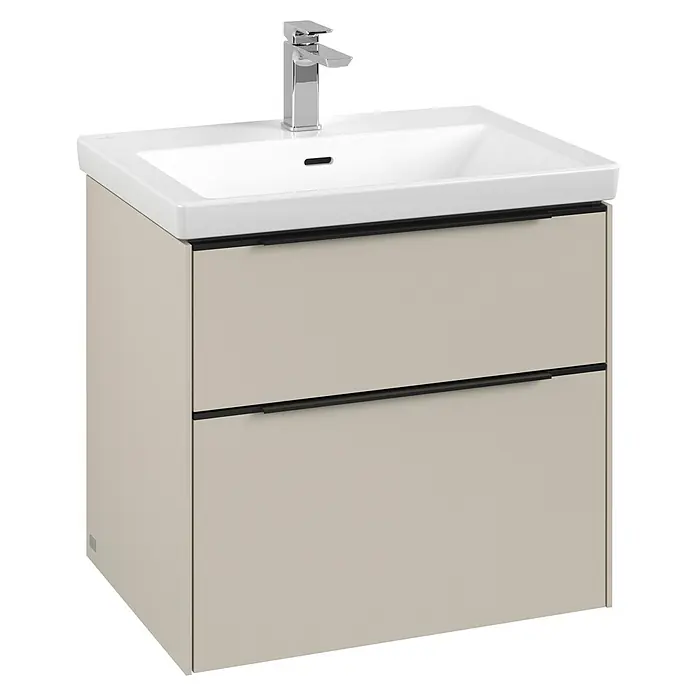Villeroy & Boch Subway 3.0 Waschbeckenunterschrank - Cashmere Grey, Anzahl Schubladen: 2 Stk., Farbe Griff: Volcano Black, 62,2 x 47,8 x 57,6 cm - Abbildung eines Waschtischunterschranks mit zwei Schubladen und einem weißen Waschbecken mit Armatur.
