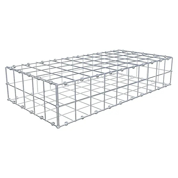 Gabiona Gabione - 100 x 50 x 20 cm, Maschenbreite: 10 cm, Maschenhöhe: 10 cm - Das Bild zeigt eine leere Gabionenkiste aus verzinktem Drahtgeflecht, die für Steinfüllungen im Garten- und Landschaftsbau verwendet wird.