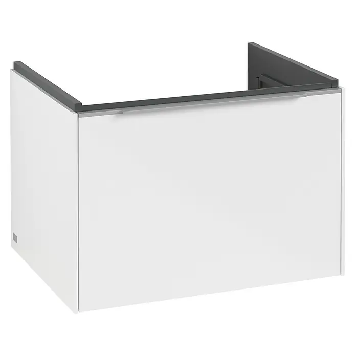 Villeroy & Boch Subway 3.0 Waschbeckenunterschrank - Brilliant White, Anzahl Schubladen: 1 Stk., Farbe Griff: Aluminium glänzend, B x T x H: 62,2 x 47,8 x 42,9 cm, Mit Beleuchtung - Ein moderner Waschtischunterschrank in Weiß mit einer grauen Blende, ideal für stilvolle Badezimmer. Er bietet praktischen Stauraum.