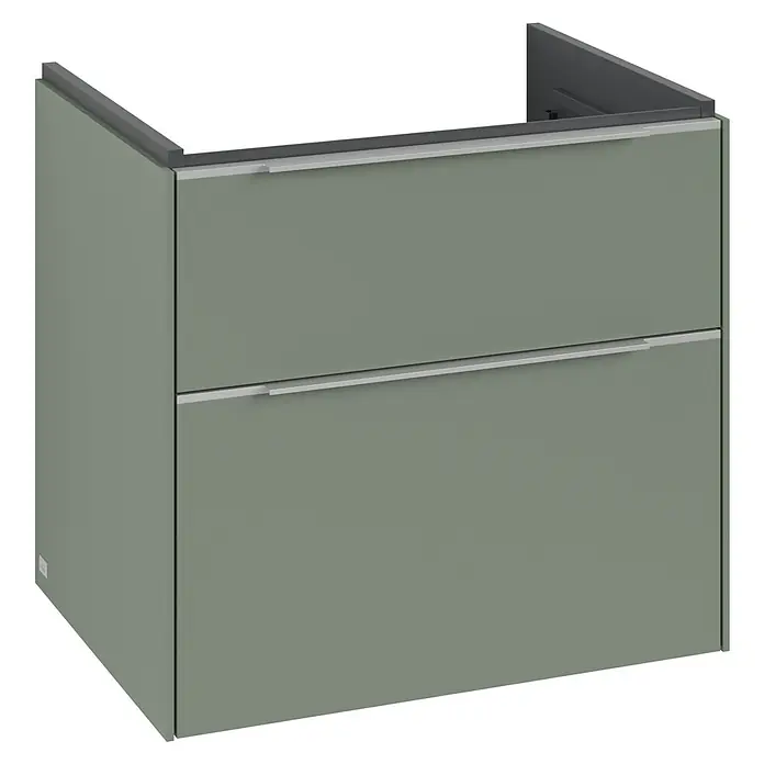 Villeroy & Boch Subway 3.0 Waschbeckenunterschrank - Soft Green, Anzahl Schubladen: 2 Stk., Farbe Griff: Aluminium glänzend, 62,2 x 47,8 x 57,6 cm - Ein grüner Bad-Unterschrank mit zwei Schubladen und silberfarbenen Griffen. Der Unterschrank hat eine moderne, minimalistische Optik.