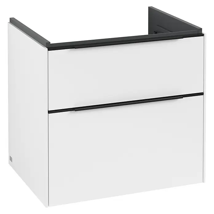 Villeroy & Boch Subway 3.0 Waschbeckenunterschrank - Pure White, Anzahl Schubladen: 2 Stk., Farbe Griff: Volcano Black, 62,2 x 47,8 x 57,6 cm - Weißer Waschtischunterschrank mit dunklen Griffen und Oberseite für ein modernes Badezimmerdesign.