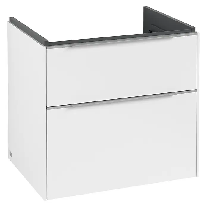 Villeroy & Boch Subway 3.0 Waschbeckenunterschrank - Pure White, Anzahl Schubladen: 2 Stk., Farbe Griff: Aluminium glänzend, 62,2 x 47,8 x 57,6 cm - Weißer Waschtischunterschrank mit zwei Schubladen und grauer Oberseite für ein modernes Badezimmerdesign.