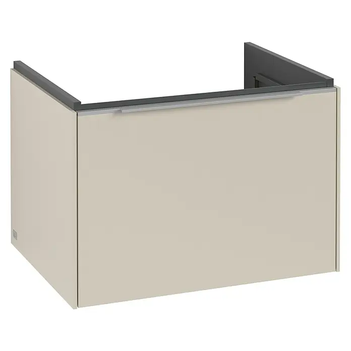 Villeroy & Boch Subway 3.0 Waschbeckenunterschrank - Cashmere Grey, Anzahl Schubladen: 1 Stk., Farbe Griff: Aluminium glänzend, B x T x H: 62,2 x 47,8 x 42,9 cm, Mit Beleuchtung - Das Bild zeigt einen modernen Waschtischunterschrank in Beige mit einem grauen Rahmen. Dieser ist schlicht gestaltet und bietet Stauraum im Badezimmer.