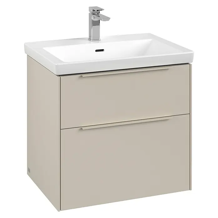 Villeroy & Boch Subway 3.0 Waschbeckenunterschrank - Cashmere Grey, Anzahl Schubladen: 2 Stk., Farbe Griff: Monochrom, 62,2 x 47,8 x 57,6 cm - Ein moderner Waschtischunterschrank mit zwei Schubladen und einem weißen Aufsatzwaschbecken, ideal für ein stilvolles Badezimmer.