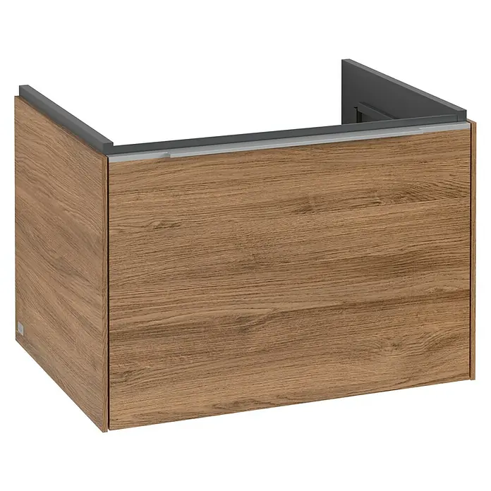 Villeroy & Boch Subway 3.0 Waschbeckenunterschrank - Kansas Oak, Anzahl Schubladen: 1 Stk., Farbe Griff: Aluminium glänzend, B x T x H: 62,2 x 47,8 x 42,9 cm, Mit Beleuchtung - Das Bild zeigt einen Holzschrank mit einer grauen Oberseite, perfekt für Badezimmer oder Küche. Der Schrank hat eine schöne Holzstruktur.
