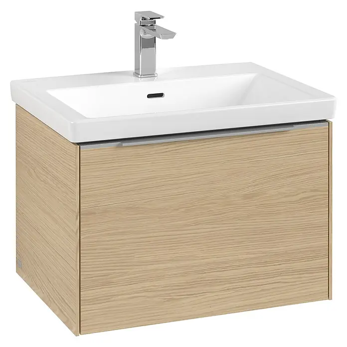 Villeroy & Boch Subway 3.0 Waschbeckenunterschrank - Nordik Oak, Anzahl Schubladen: 1 Stk., Farbe Griff: Aluminium glänzend, B x T x H: 62,2 x 47,8 x 42,9 cm, Mit Beleuchtung - Modernes Waschbecken mit Unterschrank in Holzoptik und einem eleganten Chrom-Wasserhahn für ein stilvolles Badezimmerdesign.