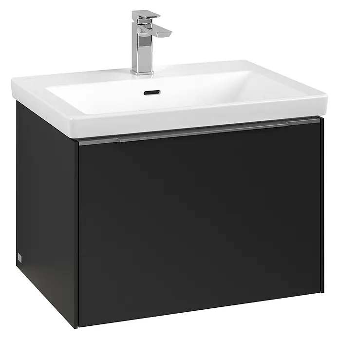 Villeroy & Boch Subway 3.0 Waschbeckenunterschrank - Volcano Black, Anzahl Schubladen: 1 Stk., Farbe Griff: Aluminium glänzend, B x T x H: 62,2 x 47,8 x 42,9 cm, Mit Beleuchtung - Moderner Waschtisch mit schwarzem Unterschrank und weißem Waschbecken. Elegantes Design für das Badezimmer.