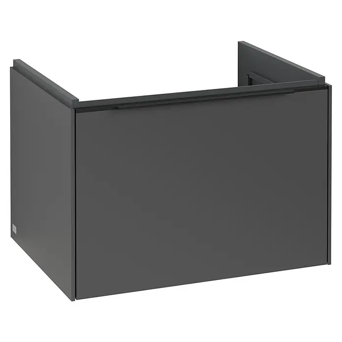 Villeroy & Boch Subway 3.0 Waschbeckenunterschrank - Graphite, Anzahl Schubladen: 1 Stk., Farbe Griff: Volcano Black, B x T x H: 62,2 x 47,8 x 42,9 cm, Mit Beleuchtung - Bild eines modernen, grauen Waschtischunterschranks. Der Schrank hat eine klare, minimalistische Form und eine glatte Oberfläche.