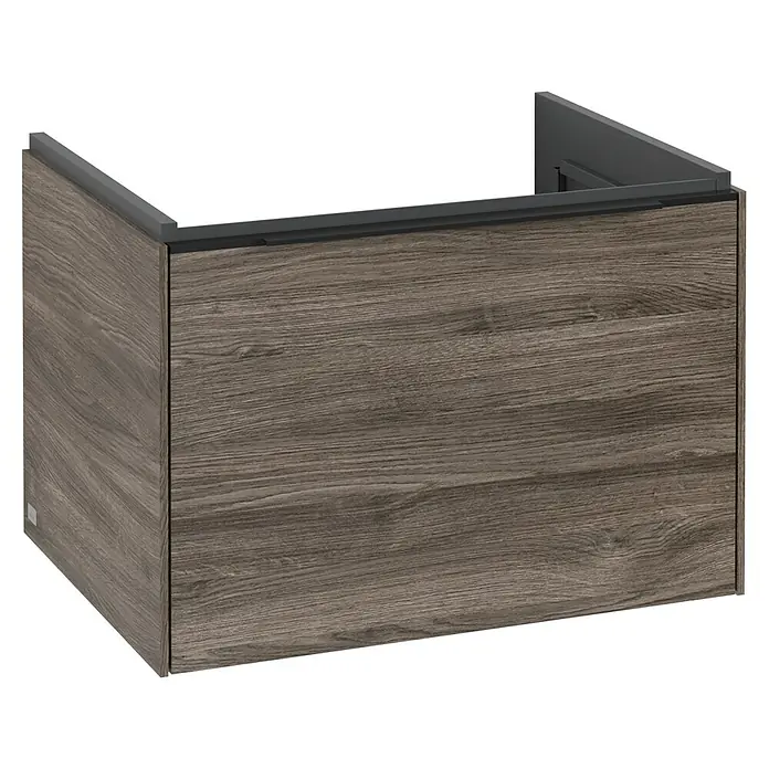 Villeroy & Boch Subway 3.0 Waschbeckenunterschrank - Stone Oak, Anzahl Schubladen: 1 Stk., Farbe Griff: Volcano Black, B x T x H: 62,2 x 47,8 x 42,9 cm, Mit Beleuchtung - Das Bild zeigt einen modernen Waschtischunterschrank in Holzoptik mit einem grauen Rahmen. Er ist schlicht und stilvoll gestaltet.