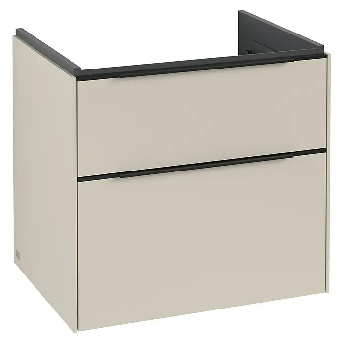 Villeroy & Boch Subway 3.0 Waschbeckenunterschrank - Cashmere Grey, Anzahl Schubladen: 2 Stk., Farbe Griff: Volcano Black, 62,2 x 47,8 x 57,6 cm - Ein beiger Badschrank mit zwei Schubladen und schmalen schwarzen Griffen. Der Schrank hat eine dunkle Abdeckung oben.
