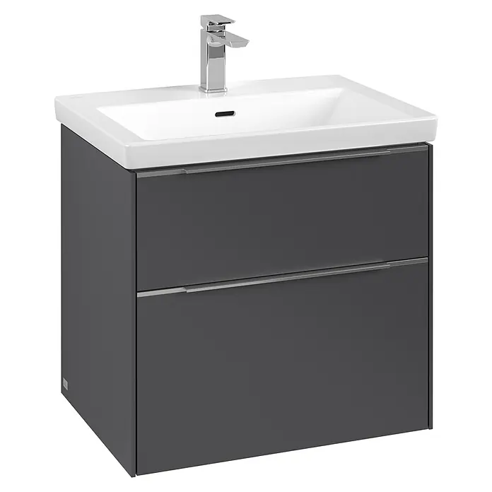 Villeroy & Boch Subway 3.0 Badmöbel-Set - Gesamtbreite Badmöbel: 62,2 cm, Graphite, Waschbecken in Stone White mit schmutzabweisender Glasur - Bild eines modernen Waschtischunterschranks in Grau mit zwei Schubladen und einem weißen Waschbecken mit Armatur.