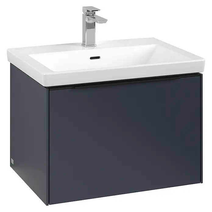 Villeroy & Boch Subway 3.0 Waschbeckenunterschrank - Marine Blue, Anzahl Schubladen: 1 Stk., Farbe Griff: Volcano Black, B x T x H: 62,2 x 47,8 x 42,9 cm, Mit Beleuchtung - Ein moderner Waschtischunterschrank in Anthrazit mit einem eleganten, weißen Waschbecken und einer Chromarmatur.