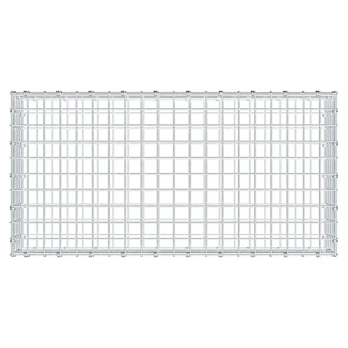 Gabiona Gabione - 100 x 50 x 20 cm, Maschenbreite: 5 cm, Maschenhöhe: 5 cm - Ansicht eines rechteckigen Gabionenkäfigs aus verzinktem Draht mit quadratischen Maschen und Befestigungselementen zur Stabilisierung.