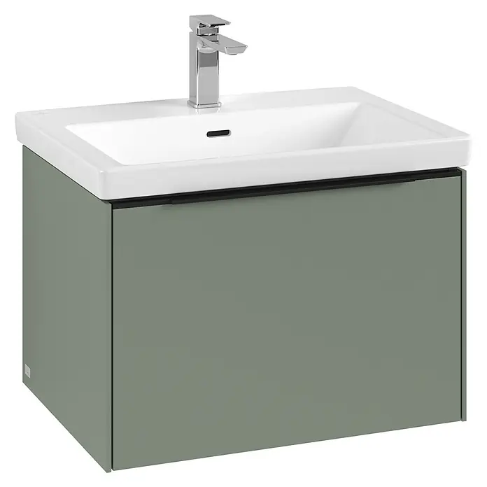 Villeroy & Boch Subway 3.0 Waschbeckenunterschrank - Soft Green, Anzahl Schubladen: 1 Stk., Farbe Griff: Volcano Black, B x T x H: 62,2 x 47,8 x 42,9 cm, Mit Beleuchtung - Modernes Waschbecken mit Unterschrank in sanftem Grün und glänzender Armatur. Das schlichte Design passt perfekt in jedes Badezimmer.
