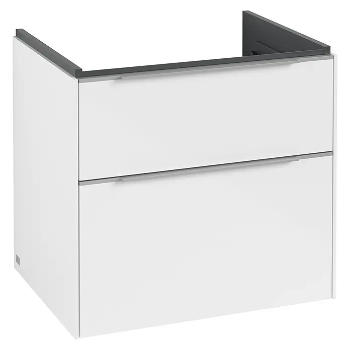 Villeroy & Boch Subway 3.0 Waschbeckenunterschrank - Brilliant White, Anzahl Schubladen: 2 Stk., Farbe Griff: Aluminium glänzend, 62,2 x 47,8 x 57,6 cm - Ein weißer Badezimmerschrank mit zwei Schubladen und einer grauen Ablage. Der Schrank bietet Stauraum und ein modernes Design für Ihr Badezimmer.