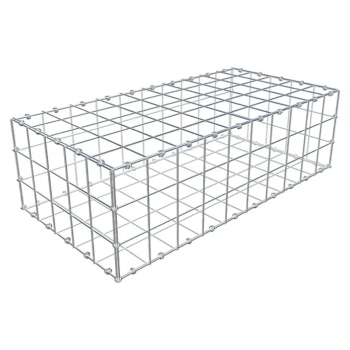 Gabiona Gabione - 100 x 50 x 30 cm, Maschenbreite: 10 cm, Maschenhöhe: 10 cm - Das Bild zeigt einen leeren Gabionenkorb aus verzinktem Drahtgeflecht, der für Steinfüllungen im Garten- und Landschaftsbau verwendet wird.