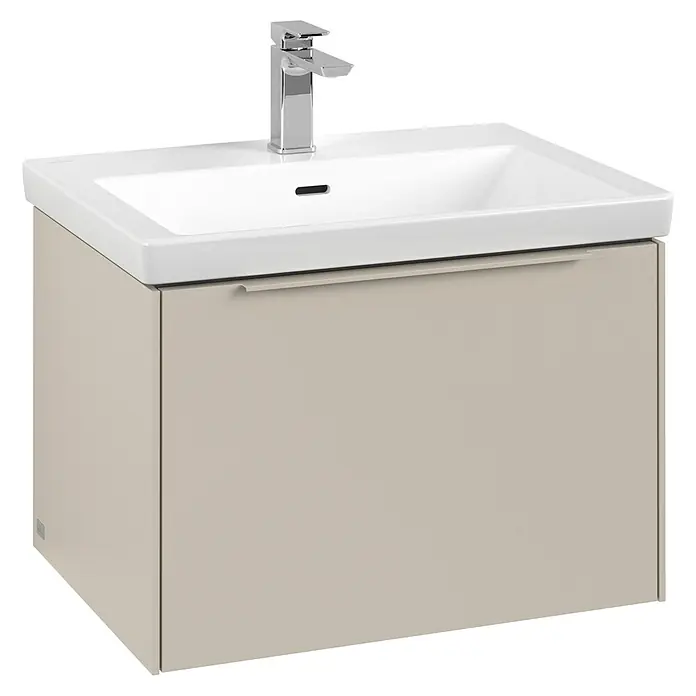 Villeroy & Boch Subway 3.0 Waschbeckenunterschrank - Cashmere Grey, Anzahl Schubladen: 1 Stk., Farbe Griff: Monochrom, B x T x H: 62,2 x 47,8 x 42,9 cm, Mit Beleuchtung - Ein moderner Waschtisch mit einem Unterschrank in Beige und einer Armatur. Das Waschbecken ist aus weißer Keramik gefertigt.