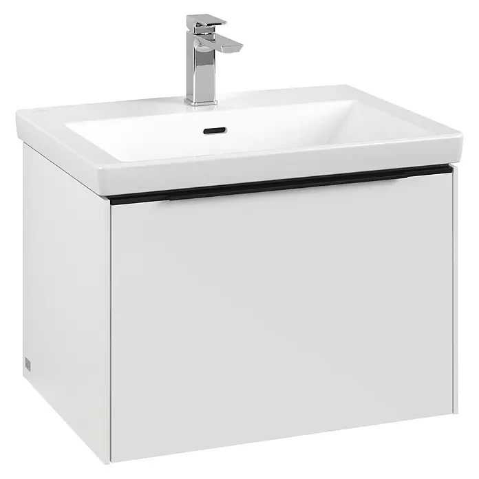 Villeroy & Boch Subway 3.0 Waschbeckenunterschrank - Brilliant White, Anzahl Schubladen: 1 Stk., Farbe Griff: Volcano Black, B x T x H: 62,2 x 47,8 x 42,9 cm, Mit Beleuchtung - Modernes Waschbeckenunterschrank-Set in Weiß mit minimalistischem Design und verchromtem Wasserhahn für ein elegantes Badezimmer.