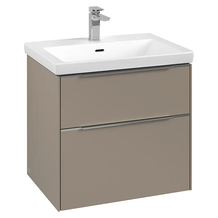 Villeroy & Boch Subway 3.0 Waschbeckenunterschrank - Taupe, Anzahl Schubladen: 2 Stk., Farbe Griff: Aluminium glänzend, 62,2 x 47,8 x 57,6 cm - Ein moderner Waschtischunterschrank mit zwei Schubladen und einem Aufsatzwaschbecken, perfekt für ein stilvolles Badezimmer.