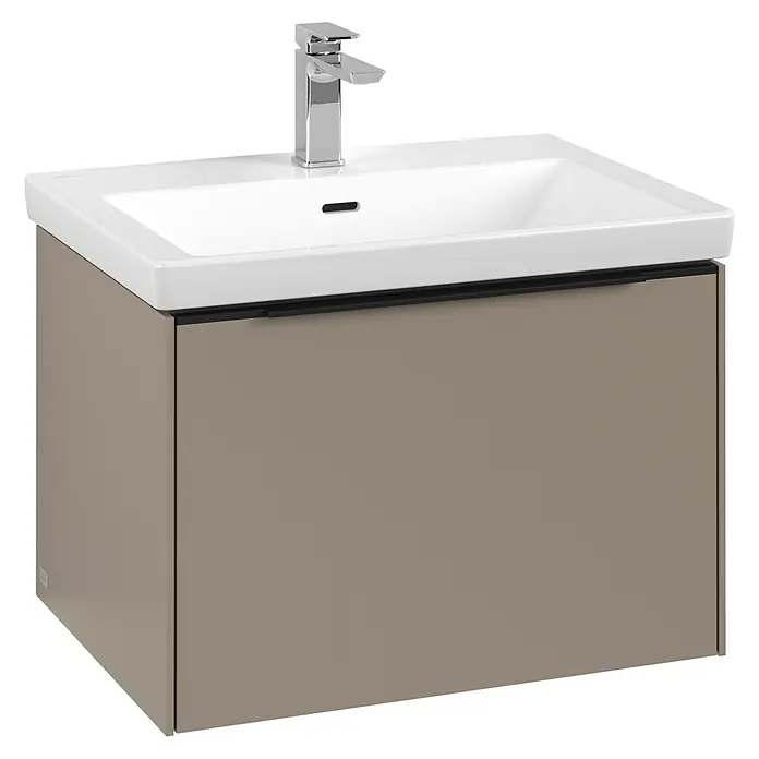 Villeroy & Boch Subway 3.0 Waschbeckenunterschrank - Taupe, Anzahl Schubladen: 1 Stk., Farbe Griff: Volcano Black, B x T x H: 62,2 x 47,8 x 42,9 cm, Mit Beleuchtung - Abbildung eines modernen Waschtischunterschranks mit einem stilvollen Waschtisch und einer eleganten Armatur.