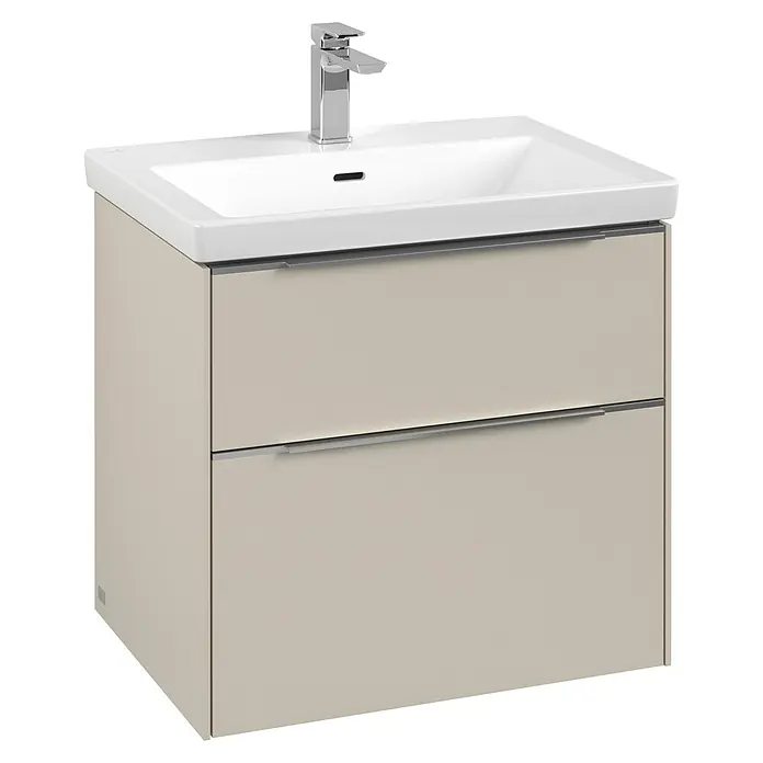 Villeroy & Boch Subway 3.0 Waschbeckenunterschrank - Cashmere Grey, Anzahl Schubladen: 2 Stk., Farbe Griff: Aluminium glänzend, 62,2 x 47,8 x 57,6 cm - Ein moderner Waschtischunterschrank in Beige mit zwei Schubladen und einem weißen Aufsatzwaschbecken inklusive Armatur.