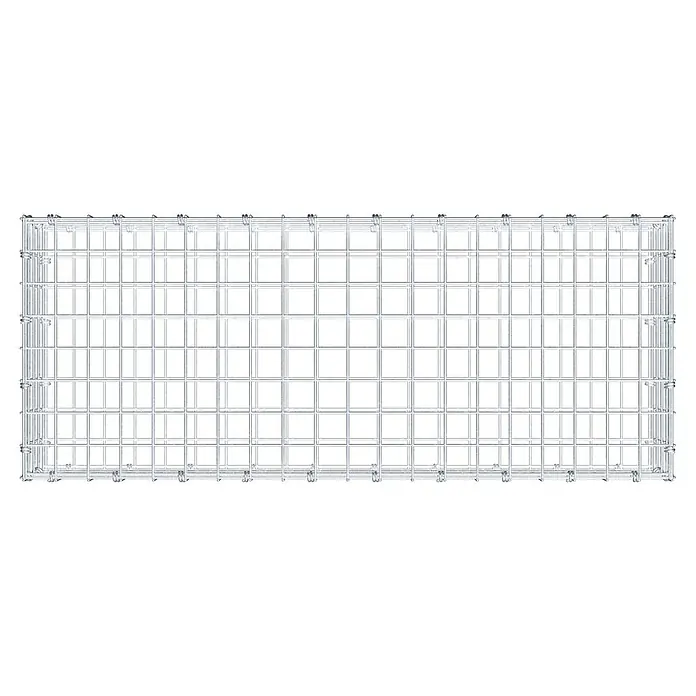 Gabiona Gabione - 100 x 40 x 20 cm, Maschenbreite: 5 cm, Maschenhöhe: 5 cm - Das Bild zeigt einen rechteckigen, silberfarbenen Drahtkäfig mit quadratischen Gittern, der sich ideal für Lagerung oder Transport eignet.