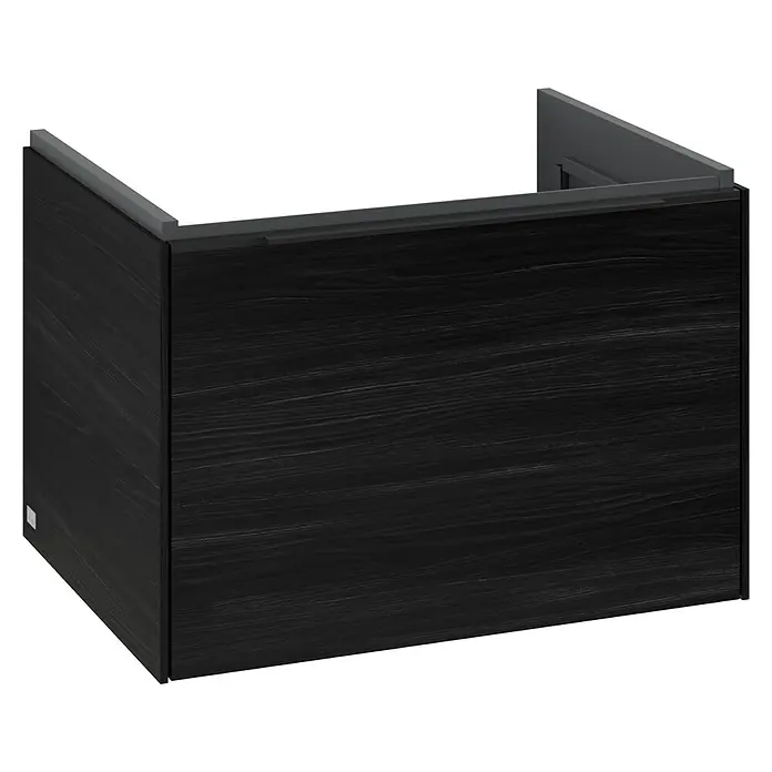 Villeroy & Boch Subway 3.0 Waschbeckenunterschrank - Black Oak, Anzahl Schubladen: 1 Stk., Farbe Griff: Volcano Black, B x T x H: 62,2 x 47,8 x 42,9 cm, Mit Beleuchtung - Detaillierte Ansicht eines modernen, dunklen Waschtischunterschranks mit markanter Holzstruktur und minimalistischem Design.