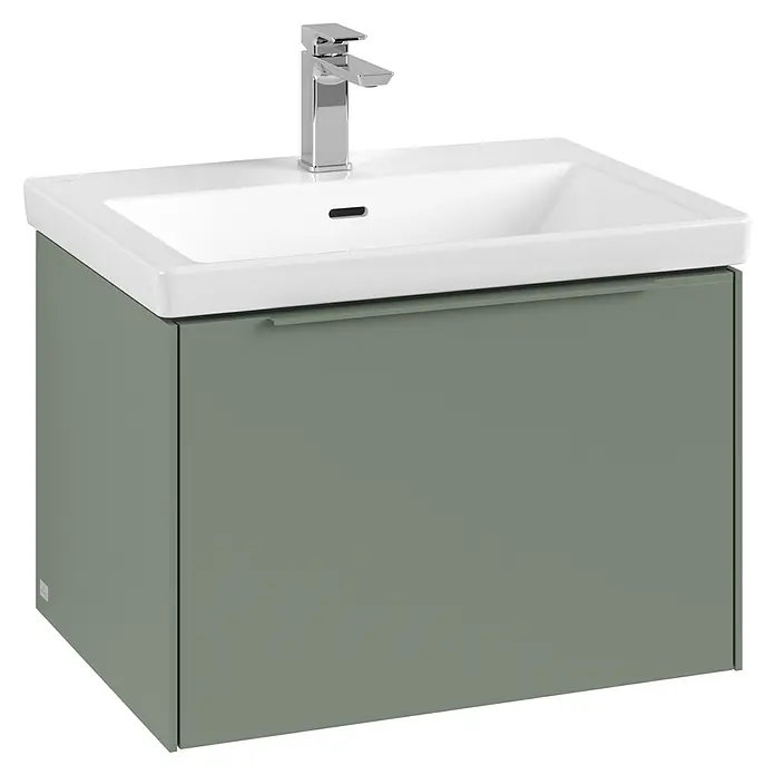 Villeroy & Boch Subway 3.0 Waschbeckenunterschrank - Soft Green, Anzahl Schubladen: 1 Stk., Farbe Griff: Monochrom, B x T x H: 62,2 x 47,8 x 42,9 cm, Mit Beleuchtung - Ein moderner Waschtischunterschrank in Grün mit einem Aufsatzwaschbecken und einer eleganten Armatur.
