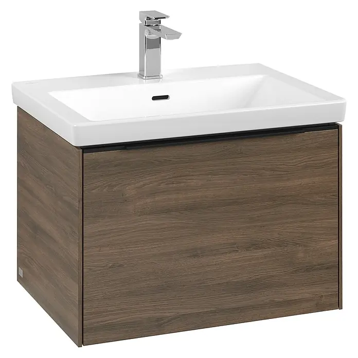 Villeroy & Boch Subway 3.0 Waschbeckenunterschrank - Arizona Oak, Anzahl Schubladen: 1 Stk., Farbe Griff: Volcano Black, B x T x H: 62,2 x 47,8 x 42,9 cm, Mit Beleuchtung - Ein stilvolles Badezimmer Waschbecken mit Unterschrank in Holzoptik und moderner Armatur. Das Waschbecken besticht durch sein schlichtes und elegantes Design.