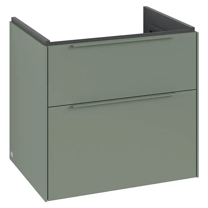 Villeroy & Boch Subway 3.0 Waschbeckenunterschrank - Soft Green, Anzahl Schubladen: 2 Stk., Farbe Griff: Monochrom, 62,2 x 47,8 x 57,6 cm - Ein moderner Waschtischunterschrank in Salbeigrün mit zwei Schubladen und Griffen für ein stilvolles Badezimmer.