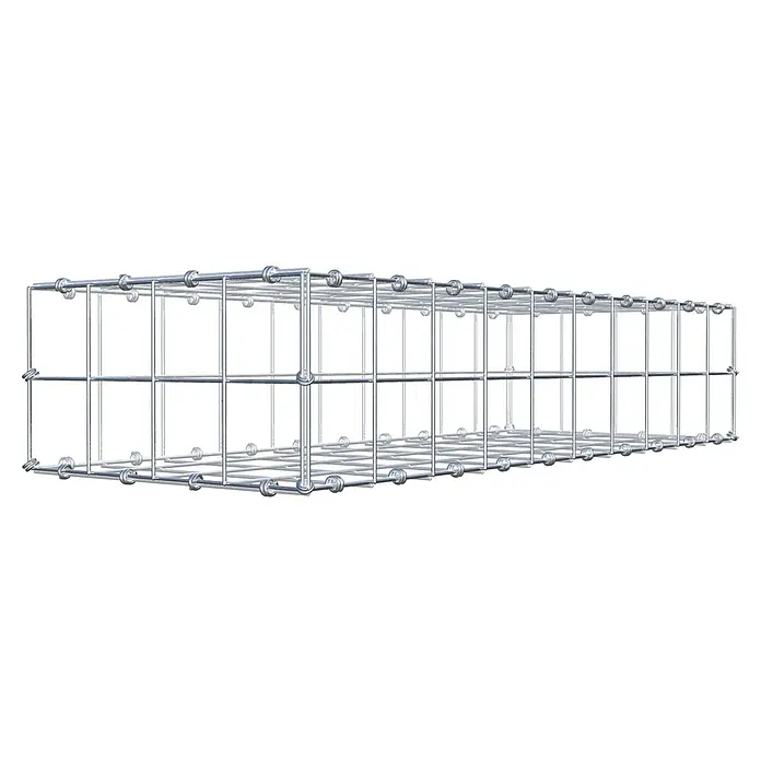 Gabiona Gabione - 100 x 40 x 20 cm, Maschenbreite: 10 cm, Maschenhöhe: 10 cm - Draufsicht auf einen rechteckigen, silberfarbenen Drahtkorb mit verstärkten Verbindungspunkten. Ideal für Lagerung und Organisation.