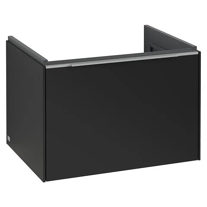 Villeroy & Boch Subway 3.0 Waschbeckenunterschrank - Volcano Black, Anzahl Schubladen: 1 Stk., Farbe Griff: Aluminium glänzend, B x T x H: 62,2 x 47,8 x 42,9 cm, Mit Beleuchtung - Abgebildet ist ein modernes, schwarzes Möbelstück mit einer grauen Akzentleiste, ideal für Badezimmer oder ähnliche Räume.