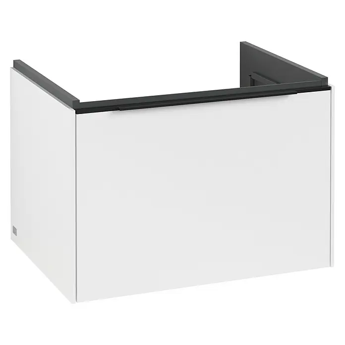 Villeroy & Boch Subway 3.0 Waschbeckenunterschrank - Pure White, Anzahl Schubladen: 1 Stk., Farbe Griff: Volcano Black, B x T x H: 62,2 x 47,8 x 42,9 cm, Mit Beleuchtung - Das Bild zeigt ein stilvolles, weißes Waschtischunterbauelement mit einer grauen Abdeckung, das sich ideal für moderne Badezimmer eignet.