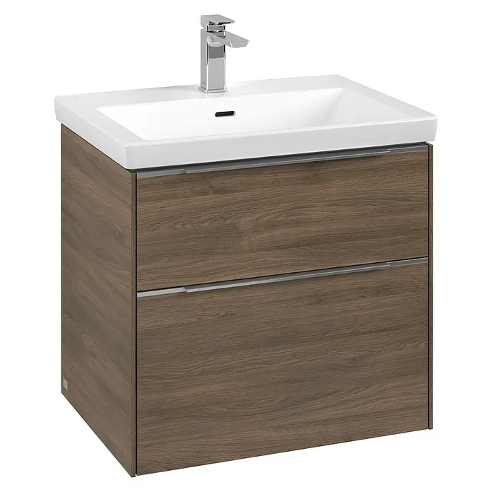 Villeroy & Boch Subway 3.0 Waschbeckenunterschrank - Arizona Oak, Anzahl Schubladen: 2 Stk., Farbe Griff: Aluminium glänzend, 62,2 x 47,8 x 57,6 cm - Modernes Waschbeckenmöbel mit Holzeffekt und zwei Schubladen für stilvolle Badezimmergestaltung.