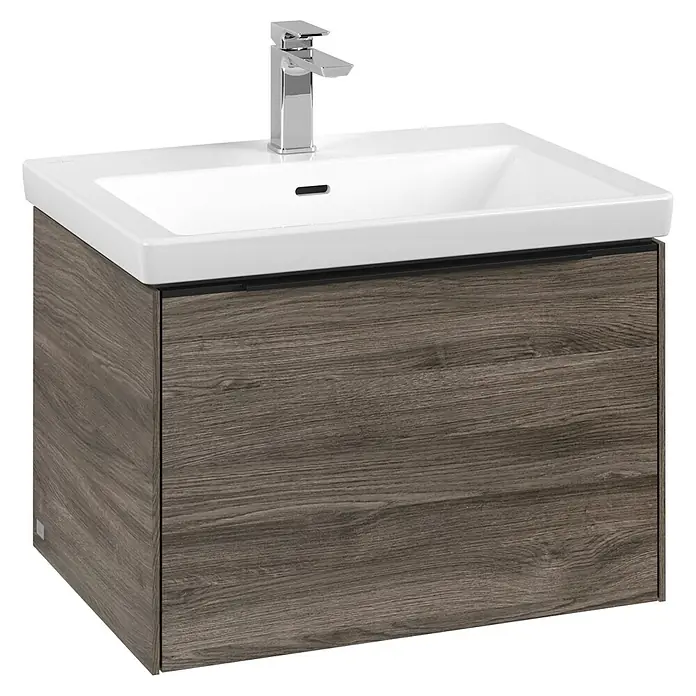 Villeroy & Boch Subway 3.0 Waschbeckenunterschrank - Stone Oak, Anzahl Schubladen: 1 Stk., Farbe Griff: Volcano Black, B x T x H: 62,2 x 47,8 x 42,9 cm, Mit Beleuchtung - Modernes Waschbecken mit Holzunterschrank. Das Waschbecken ist weiß und der Unterschrank hat eine Holzoptik. Ideal für jedes Badezimmer.