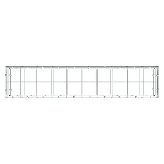 Gabiona Gabione - 100 x 20 x 20 cm, Maschenbreite: 10 cm, Maschenhöhe: 10 cm - Detailaufnahme eines Regalboden-Drahtrahmens aus Metall mit rechteckigen Abschnitten und Befestigungsclips für eine sichere und stabile Konstruktion.