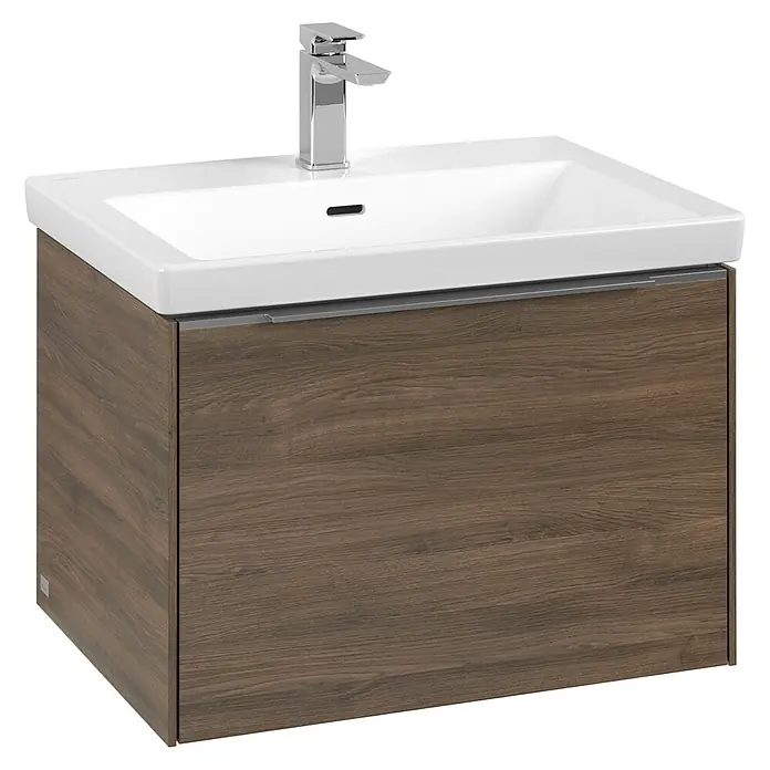 Villeroy & Boch Subway 3.0 Waschbeckenunterschrank - Arizona Oak, Anzahl Schubladen: 1 Stk., Farbe Griff: Aluminium glänzend, B x T x H: 62,2 x 47,8 x 42,9 cm, Mit Beleuchtung - Ein schicker Waschtischunterschrank in Holzoptik mit einem modernen, eckigen Waschbecken und einem Chrom-Wasserhahn. Perfekt für jedes Badezimmer.