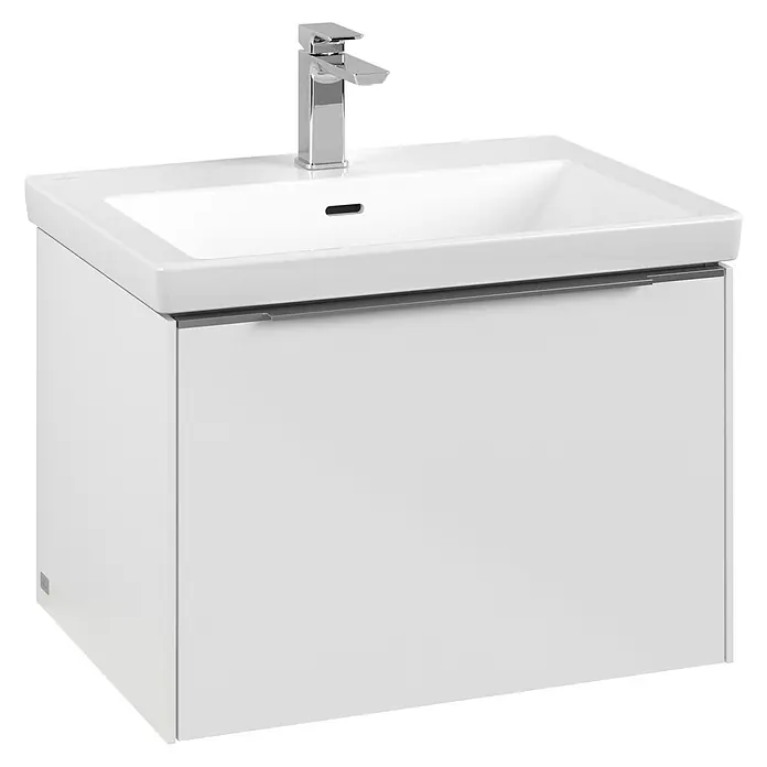 Villeroy & Boch Subway 3.0 Waschbeckenunterschrank - Brilliant White, Anzahl Schubladen: 1 Stk., Farbe Griff: Aluminium glänzend, B x T x H: 62,2 x 47,8 x 42,9 cm, Mit Beleuchtung - Elegantes Waschbecken mit weißem Unterschrank und modernem Chrom-Wasserhahn für stilvolle Badezimmer.