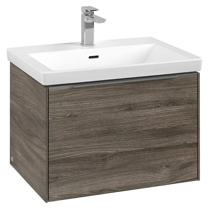 Villeroy & Boch Subway 3.0 Waschbeckenunterschrank - Stone Oak, Anzahl Schubladen: 1 Stk., Farbe Griff: Aluminium glänzend, B x T x H: 62,2 x 47,8 x 42,9 cm, Mit Beleuchtung - Ein moderner Waschtisch mit Holzunterschrank und weißem Aufsatzwaschbecken, ideal für stilvolle Badezimmer.