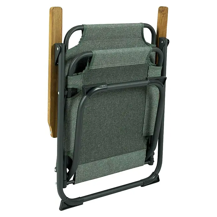 Bo-Camp Campingstuhl Bushwick M - Aluminium, Bambus, Grün, B x T x H: 52 x 60 x 90 cm - Zusammengeklappter grüner Terrassenstuhl mit Holzarmlehnen und grauem Metallgestell, ideal für den Transport oder die Lagerung.