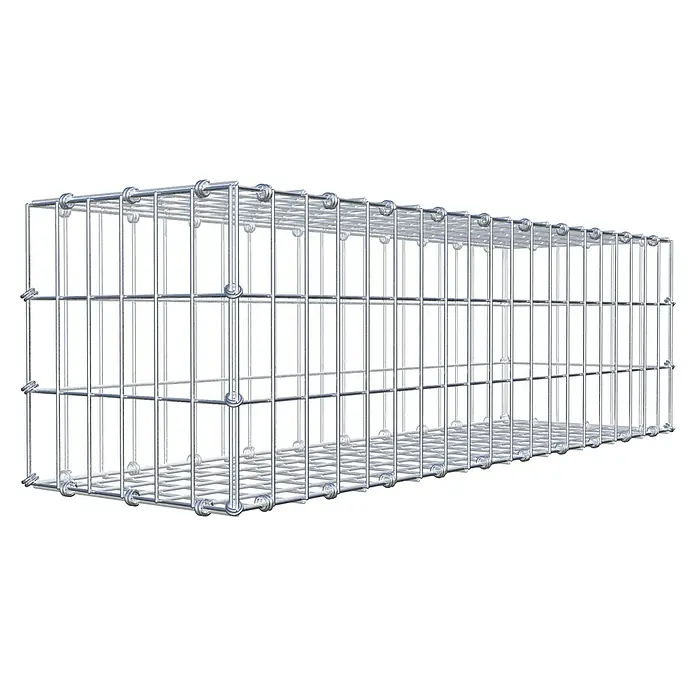 Gabiona Gabione - 100 x 30 x 30 cm, Maschenbreite: 5 cm, Maschenhöhe: 10 cm - Draufsicht auf einen länglichen Gabionenkorb aus robustem Metalldraht, ideal für den Garten- und Landschaftsbau.