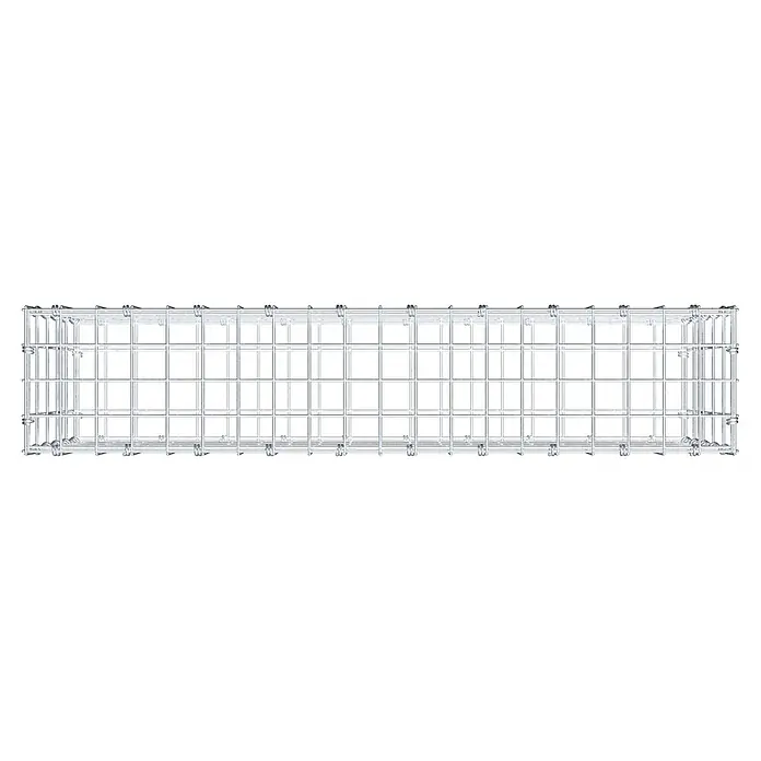 Gabiona Gabione - 100 x 20 x 50 cm, Maschenbreite: 5 cm, Maschenhöhe: 10 cm - Draufsicht auf einen Gabionenkorb aus Metall. Der robuste Drahtkorb ist leer und bereit für die Befüllung mit Steinen oder anderen Materialien.