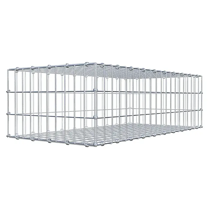 Gabiona Gabione - 100 x 50 x 30 cm, Maschenbreite: 5 cm, Maschenhöhe: 10 cm - Nahaufnahme eines Gabionenkorbs aus verzinktem Draht. Er ist leer und hat eine rechteckige Form.