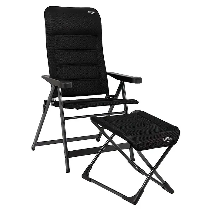 Crespo Campingstuhl Air-Deluxe - Aluminium, Rückenlehne verstellbar, Schwarz, B x T x H: 69 x 74 x 120 cm - Schwarzer Crespo Campingstuhl mit hoher Rückenlehne und Fußstütze für bequemes Entspannen im Freien.